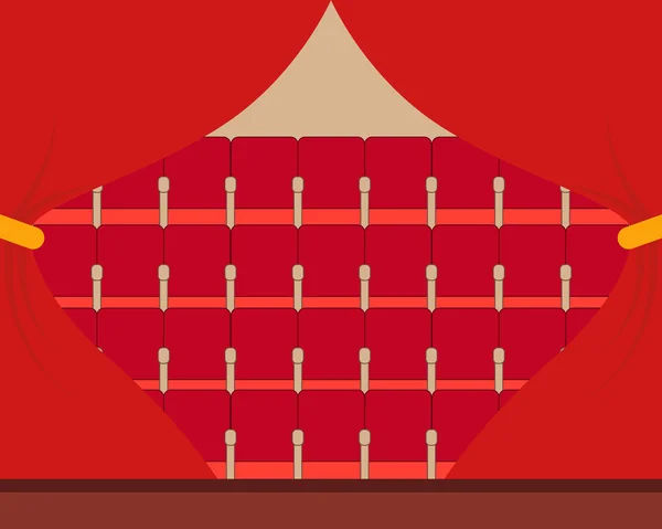 Театральная сцена с красным занавесом и сиденьями. Плоская векторная иллюстрация — стоковый вектор