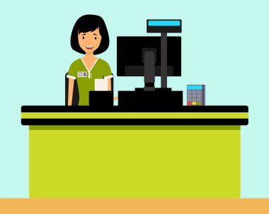 Happy girl cashier in the workplace. Vector illustration flat clipart