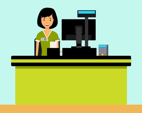 Happy girl cashier in the workplace. Vector illustration flat