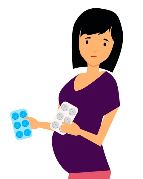 Těhotná žena vybere lék bezpečný pro dítě. Vektorové ilustrace — Stockový vektor