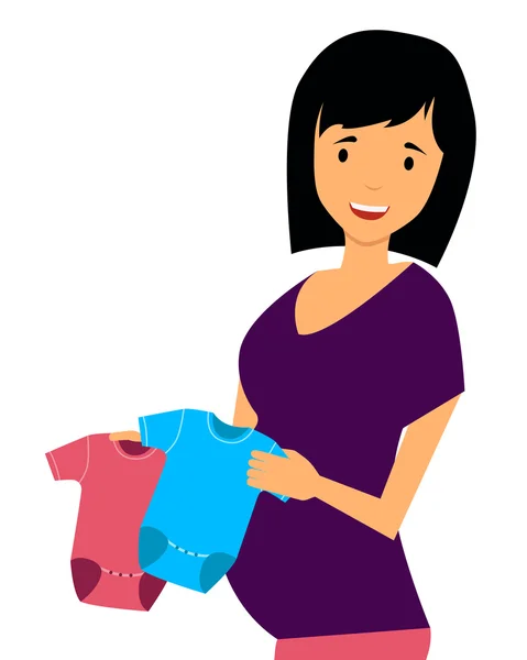 A mulher grávida escolhe roupas para o bebê. Ilustração vetorial — Vetor de Stock