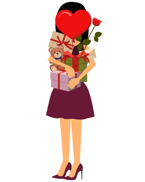 Donna con regali dopo un appuntamento romantico a San Valentino. Illustrazione vettoriale — Vettoriale Stock