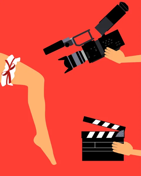 Productie van de film. Vrouwen been op een rode achtergrond. Vectorillustratie — Stockvector