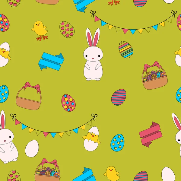 Patrón sin costuras Pascua. Conejo, pollo y huevos. Diseño de línea plana. Ilustración vectorial — Vector de stock