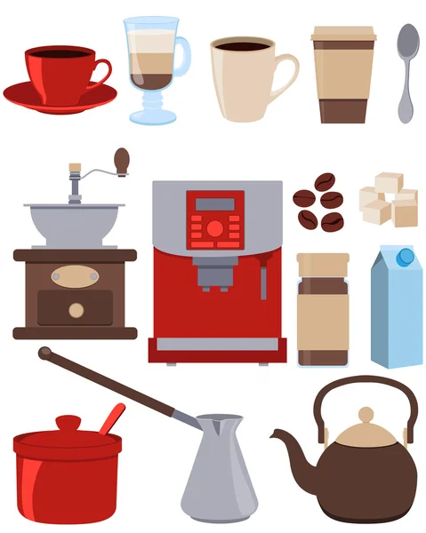 Ikonok beállítása kávé. Kupa, vízforraló és a cukor. Vektoros illusztráció — Stock Vector