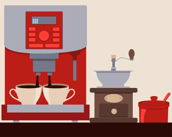 Kaffeemaschine Kaffee kochen. Kaffeemühle und Zuckerdose vorhanden. Vektorillustration — Stockvektor