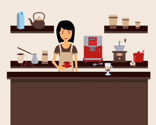 Barista sosteniendo una taza en la cafetería. Ilustración vectorial — Archivo Imágenes Vectoriales