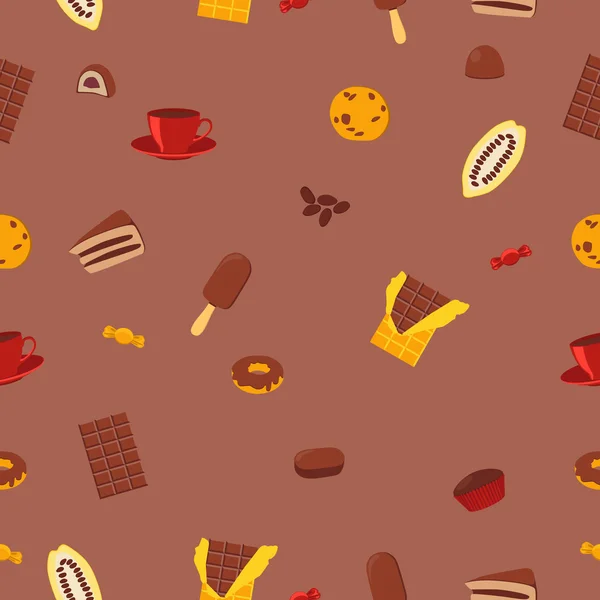 Prodotti di cioccolato modello senza soluzione di continuità. Cioccolato, caramelle e frutta al cacao. Illustrazione vettoriale — Vettoriale Stock