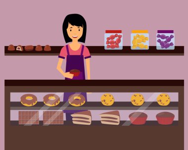 Pasta şekerleme içinde tutan kadın satıcı. Vektör çizim