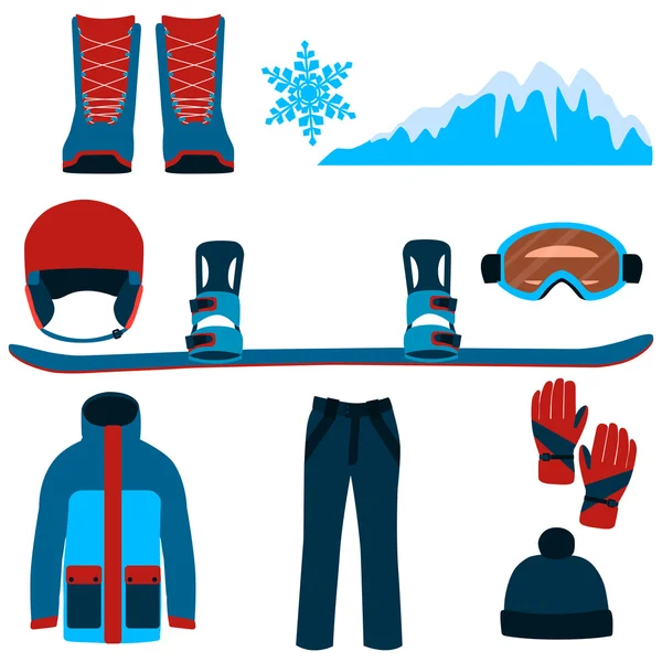 Conjunto de roupas e acessórios para snowboard. Ilustração vetorial — Vetor de Stock