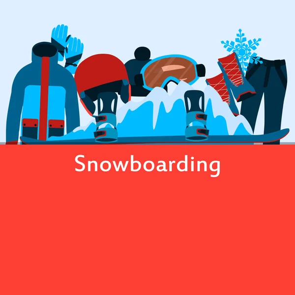Roupas de cartaz e acessórios para snowboard. Ilustração vetorial — Vetor de Stock