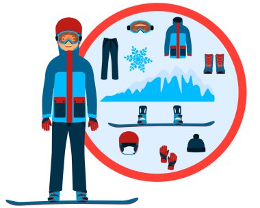 Erkek snowboard. Giysi ve aksesuarları snowboard için kümesi. Vektör çizim
