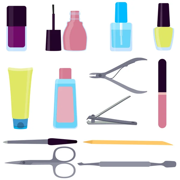 Set di strumenti per manicure isolati su sfondo bianco. Illustrazione vettoriale — Vettoriale Stock