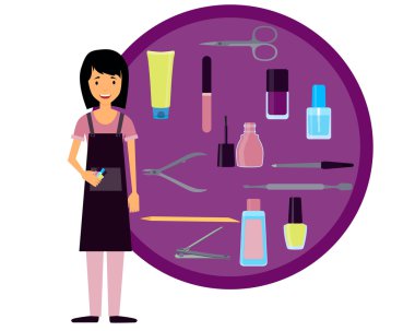 Manikürcü ve manikür seti. Vektör çizim