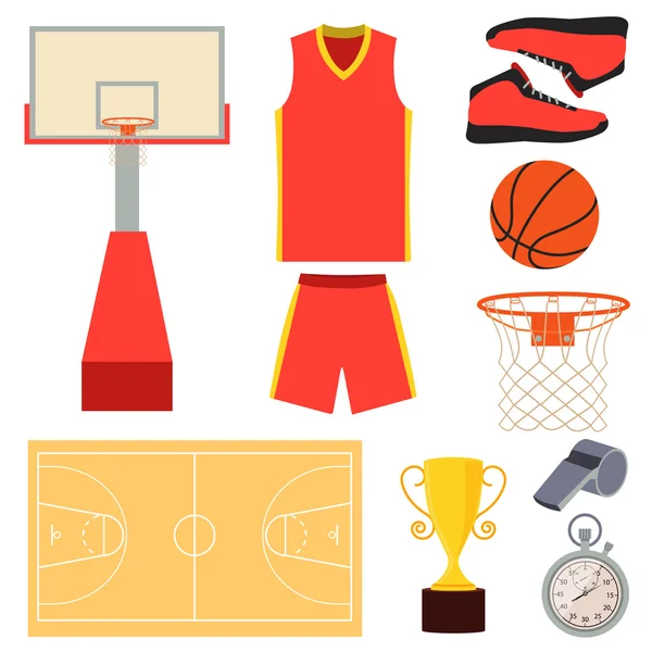 Juego de iconos de baloncesto. Ropa y equipo. Ilustración vectorial — Vector de stock
