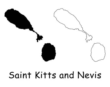 Saint Kitts ve Nevis Şehir Haritası. Siyah siluet ve özet beyaz arka planda izole edilmiş. EPS Vektörü