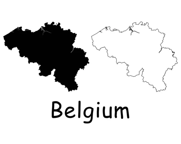 Belgien Landkarte Schwarze Silhouette Und Umrisse Isoliert Auf Weißem Hintergrund — Stockvektor