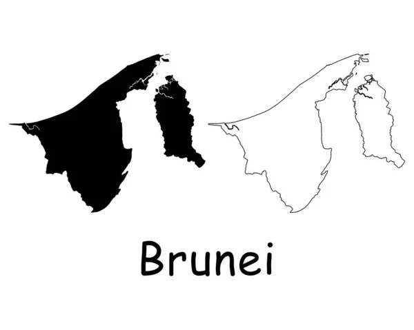 Карта Країни Бруней Чорний Силует Обриси Виділені Білому Тлі Eps — стоковий вектор