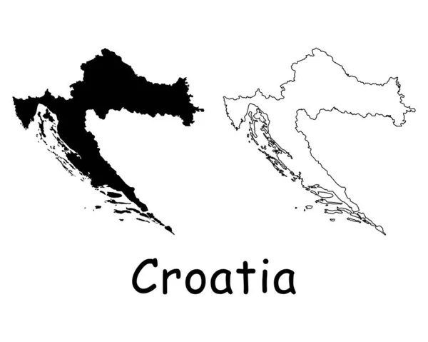 Kroatien Landkarte Schwarze Silhouette Und Umrisse Isoliert Auf Weißem Hintergrund — Stockvektor