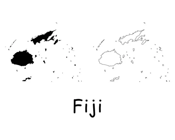 Peta Negara Fiji Siluet Hitam Dan Garis Besar Diisolasi Dengan - Stok Vektor
