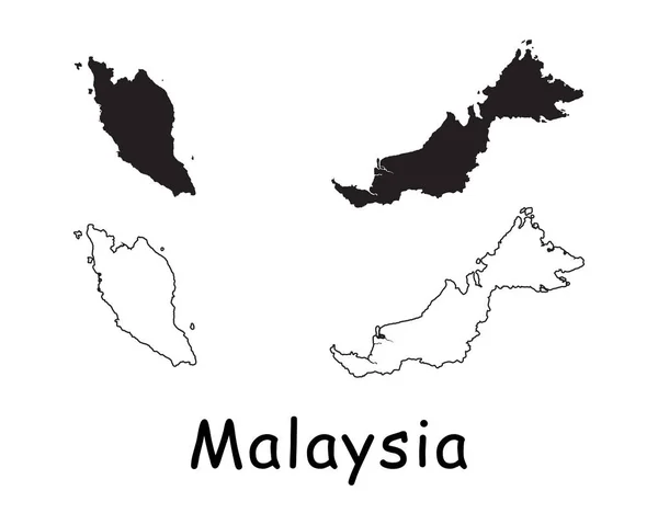 Malaysia Country Map 在白色背景下孤立的黑色轮廓和轮廓 Eps病媒 — 图库矢量图片