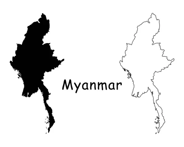 Myanmar Landkarte Schwarze Silhouette Und Umrisse Isoliert Auf Weißem Hintergrund — Stockvektor