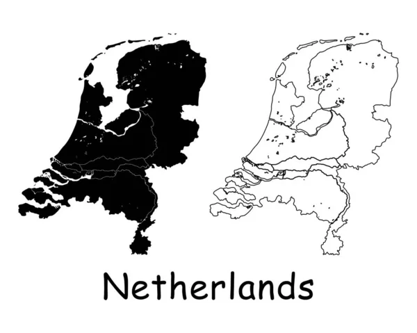 Nederland Landkaart Zwart Silhouet Omtrek Geïsoleerd Witte Achtergrond Eps Vector — Stockvector