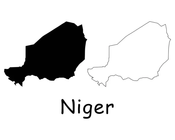 Χάρτης Της Χώρας Του Νίγηρα Μαύρη Σιλουέτα Και Περίγραμμα Που — Διανυσματικό Αρχείο