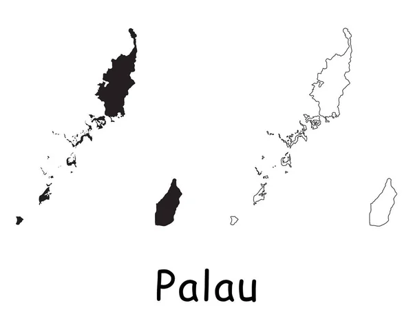 Palau Landkarte Schwarze Silhouette Und Umrisse Isoliert Auf Weißem Hintergrund — Stockvektor