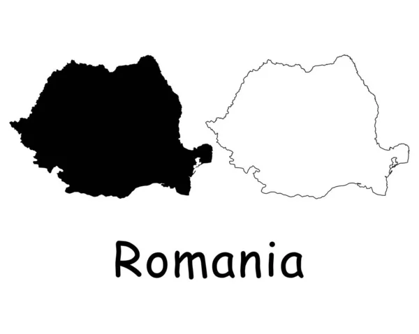 Peta Negara Rumania Siluet Hitam Dan Garis Besar Diisolasi Dengan - Stok Vektor