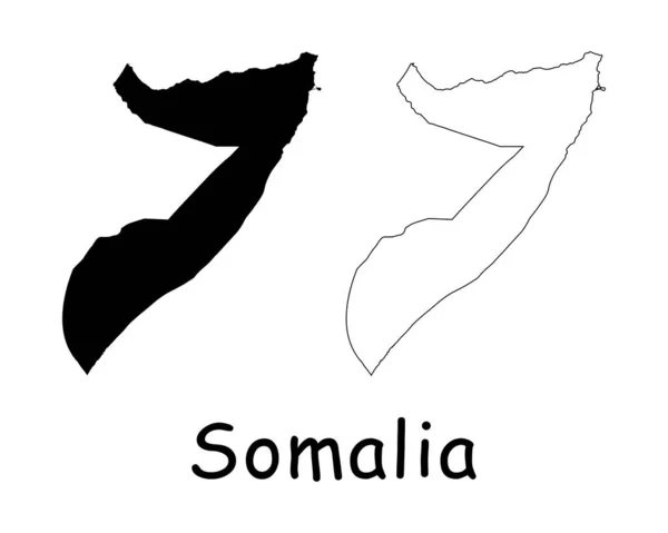 Peta Negara Somalia Siluet Hitam Dan Garis Besar Diisolasi Dengan - Stok Vektor