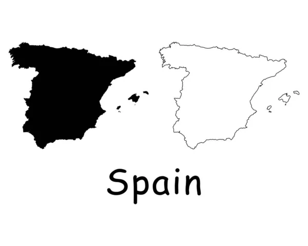 Spanien Landkarte Schwarze Silhouette Und Umrisse Isoliert Auf Weißem Hintergrund — Stockvektor