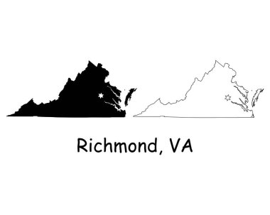 Richmond Virginia Eyalet Sınırı ABD Haritası. Virginia VA eyalet haritası. Richmond 'da Capital City Star ile birlikte. Siyah siluet ve beyaz arka planda izole edilmiş haritalar. EPS Vektörü