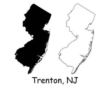 Trenton New Jersey NJ Eyalet Sınırı ABD haritası. New Jersey NJ eyalet haritası, Trenton 'da Capital City Star ile ABD haritası. Siyah siluet ve özet beyaz arka planda izole edilmiş. EPS Vektörü