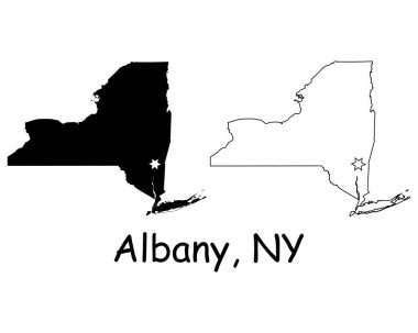 Albany New York eyalet sınırı ABD haritası. New York eyalet haritası. Albany 'de Capital City Star ile ABD haritası. Siyah siluet ve özet beyaz arka planda izole edilmiş. EPS Vektörü
