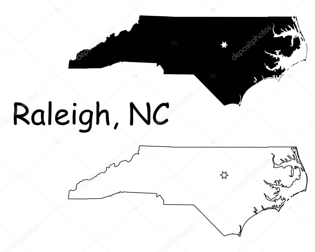 Raleigh North Carolina NC State Border USA Map. North Carolina NC state Map USA with Capital City Star at Raleigh. Black silhouette and outline isolated on a white background. EPS Vector