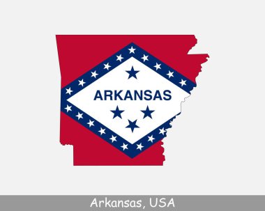 Arkansas Harita Bayrağı. Arkansas eyalet bayrağı beyaz arka planda izole edilmiş Arkansas haritası. Amerika, Amerika, Amerika, Amerika Birleşik Devletleri, ABD, AR State. Vektör illüstrasyonu.