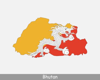 Butan Harita Bayrağı. Beyaz arka planda Bhutan ulusal bayrağını gösteren Bhutan haritası. Vektör illüstrasyonu.