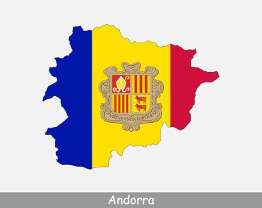 Andorra Harita Bayrağı. Andorra 'nın ulusal bayrağı beyaz arka planda izole edilmiş Andorra haritası. Vektör illüstrasyonu.