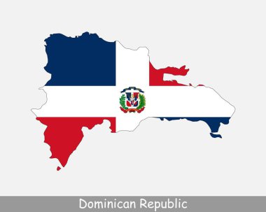 Dominik Cumhuriyeti Harita Bayrağı. Dominik Cumhuriyeti haritası. Beyaz arka planda Dominik bayrağı var. Vektör İllüstrasyonu.