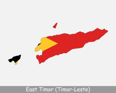 Doğu Timor Harita Bayrağı. Timor-Leste haritası beyaz arka planda izole edilmiş Doğu Timor ulusal bayrağı. Vektör İllüstrasyonu.