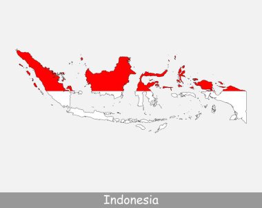 Endonezya Harita Bayrağı. Endonezya Cumhuriyeti haritası beyaz arka planda izole edilmiş ulusal Endonezya bayrağı. Vektör İllüstrasyonu.