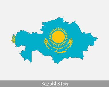 Kazakistan Harita Bayrağı. Kazakistan Cumhuriyeti haritası beyaz arka planda izole edilmiş Kazakistan ulusal bayrağı. Vektör İllüstrasyonu.