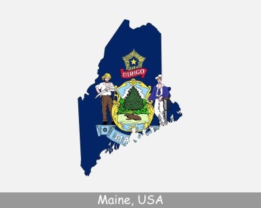 Maine Harita Bayrağı. A.B.D. 'nin beyaz arka planında eyalet bayrağı olan bir haritası. Amerika, Amerika, Amerika, Amerika Birleşik Devletleri, ABD. Vektör illüstrasyonu.