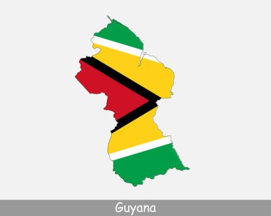 Guyana Harita Bayrağı. Guyanese ulusal bayrağı beyaz arka planda izole edilmiş Kooperatif Guyana Cumhuriyeti haritası. Vektör İllüstrasyonu.
