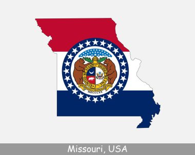 Missouri Harita Bayrağı. Beyaz arka planda eyalet bayrağı olan M.O. haritası. Amerika, Amerika, Amerika, Amerika Birleşik Devletleri, ABD. Vektör illüstrasyonu.