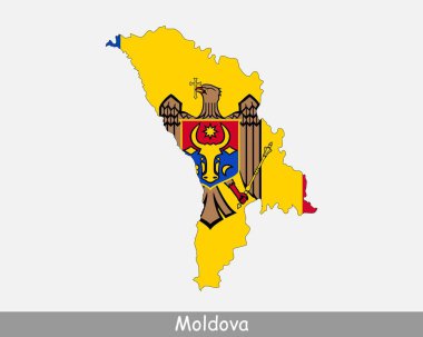 Moldova Harita Bayrağı. Moldova Cumhuriyeti haritası beyaz zemin üzerinde Moldova ulusal bayrağı izole edilmiştir. Vektör İllüstrasyonu.