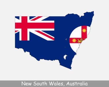 Yeni Güney Galler Harita Bayrağı. Beyaz zemin üzerinde eyalet bayrağı bulunan NSW haritası. Avustralya 'nın doğu kıyısında Avustralya Eyaleti. Vektör illüstrasyonu