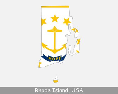 Rhode Island Harita Bayrağı. Amerika 'nın RI haritası. Beyaz arka planda eyalet bayrağı var. Amerika, Amerika, Amerika, Amerika Birleşik Devletleri, ABD. Vektör illüstrasyonu.