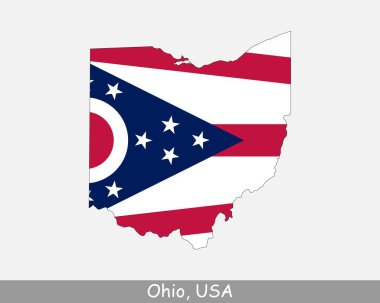 Ohio Harita Bayrağı. Beyaz arka planda eyalet bayrağı olan ABD haritası. Amerika; Amerika; Amerika; Amerika Birleşik Devletleri; ABD Eyaleti. Vektör illüstrasyonu.